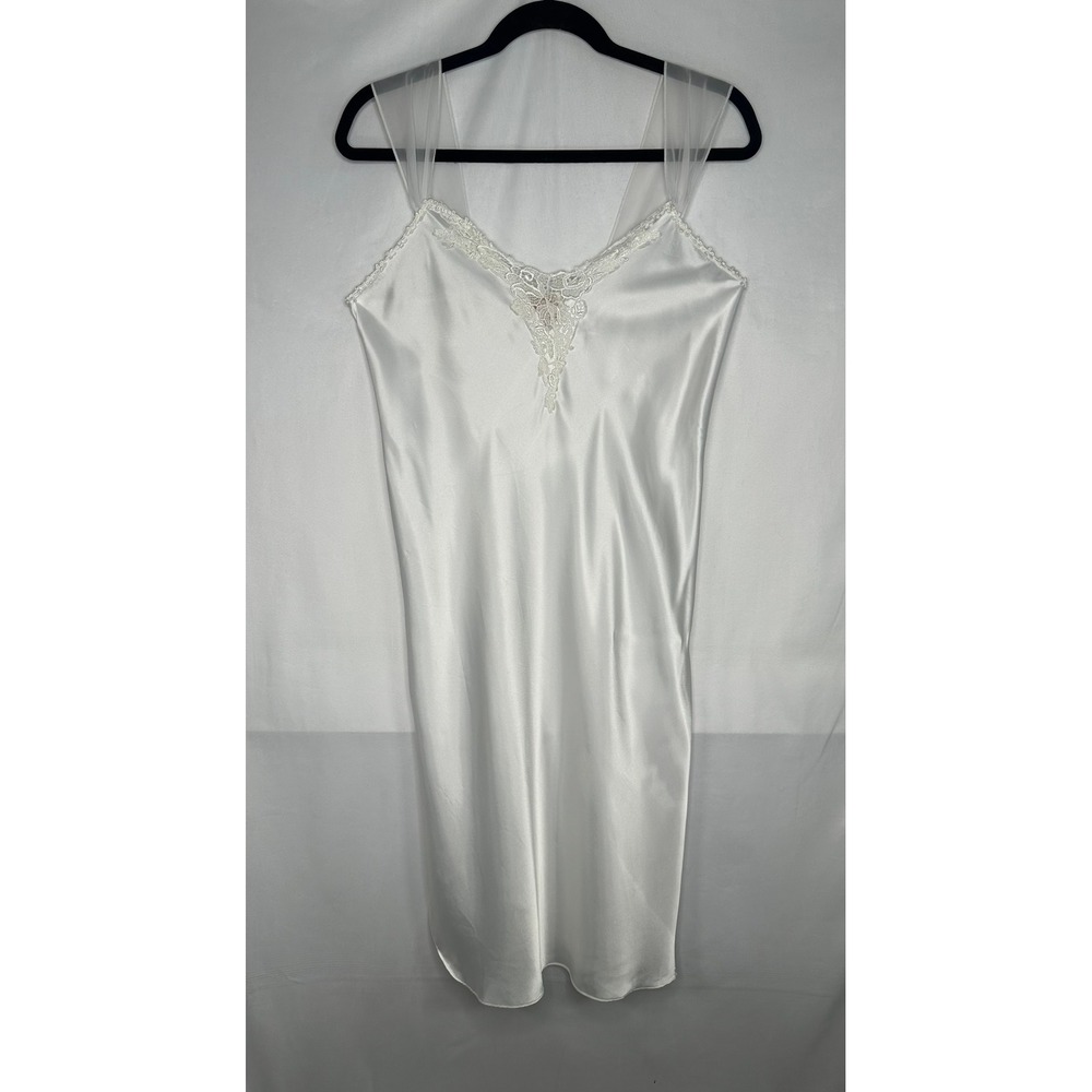 Angelique Vintage White Satin Lace Trim Nightgown Sheer Straps Y2K  Large